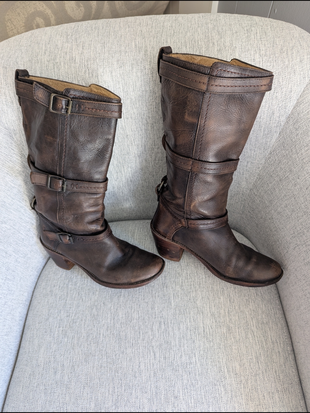 Frye Distressed Brown Leather Mid-Calf Buckle Heeled Boots - Picture 2 of 9